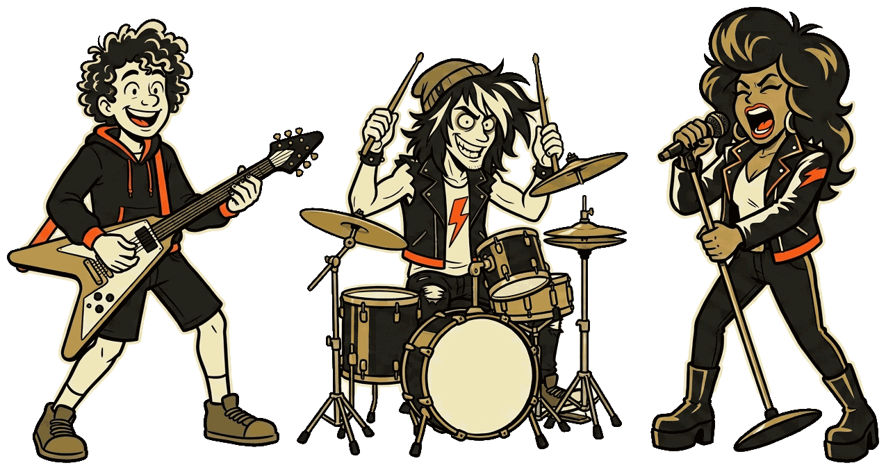 Three cartoon rock-band characters: a guitarist with a flying-V, a drummer, and a singer